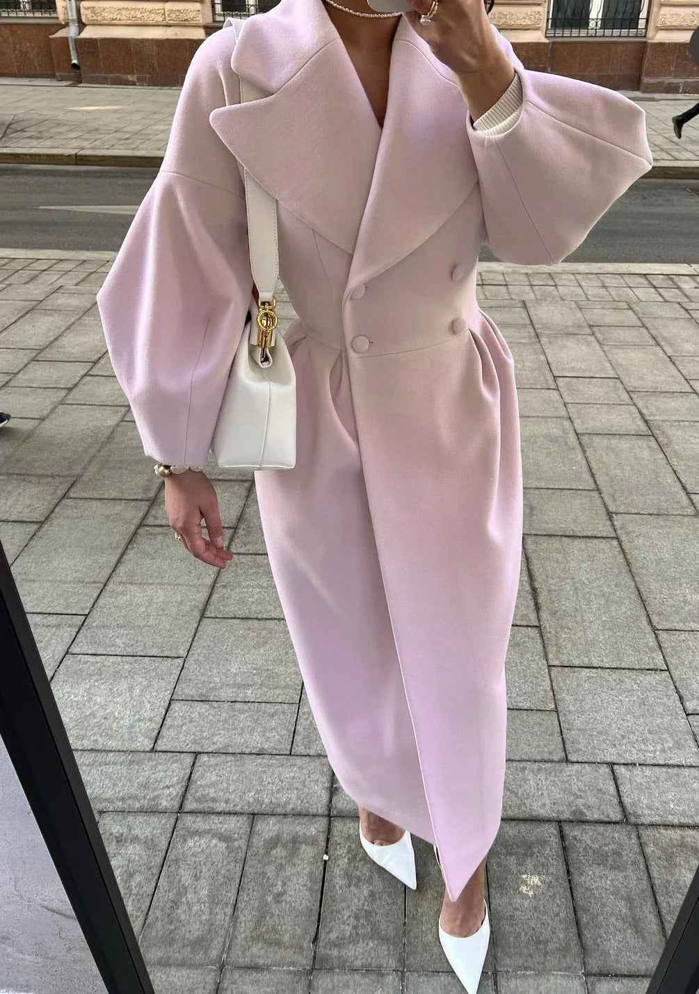 Women's A-Line Double-Breasted Trench Coat – Wool Blend with Belted Waist Pink