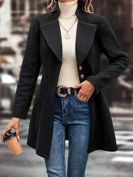 Women's A-Line Fitted Coat with Long Sleeves and Classic Lapels