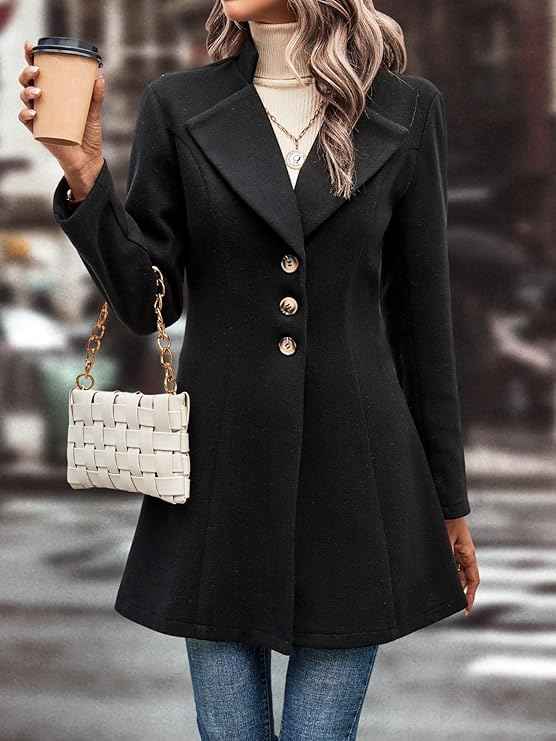 Women's A-Line Fitted Coat with Long Sleeves and Classic Lapels
