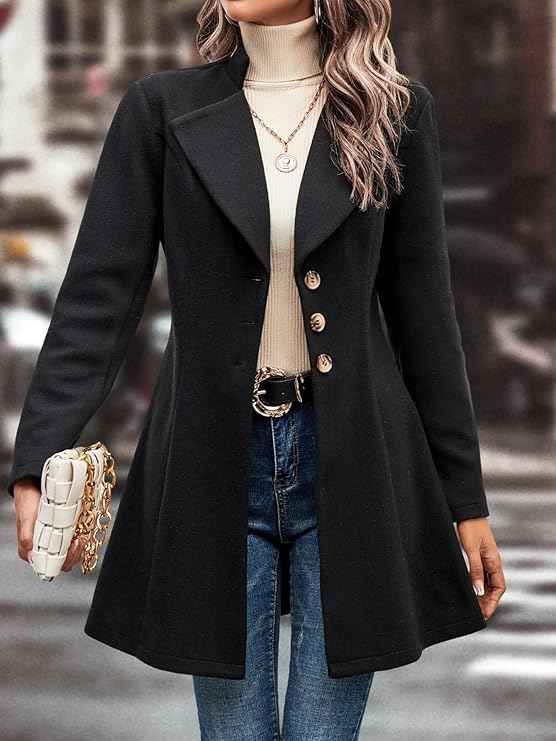 Women's A-Line Fitted Coat with Long Sleeves and Classic Lapels