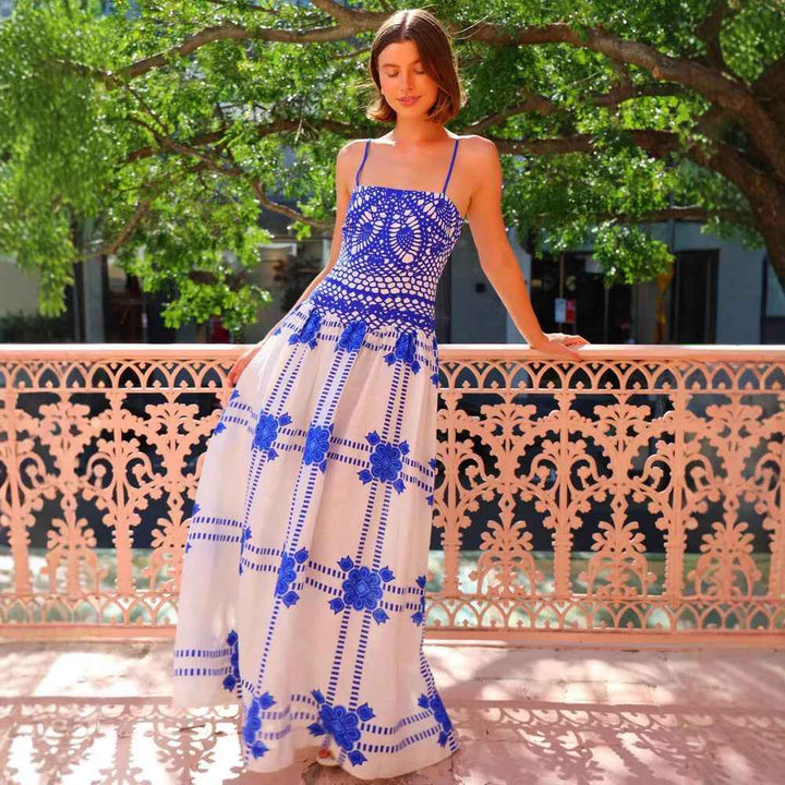 Women's A-Line Long Dress with Crochet Bodice and Spaghetti Straps – Floral Print Blue