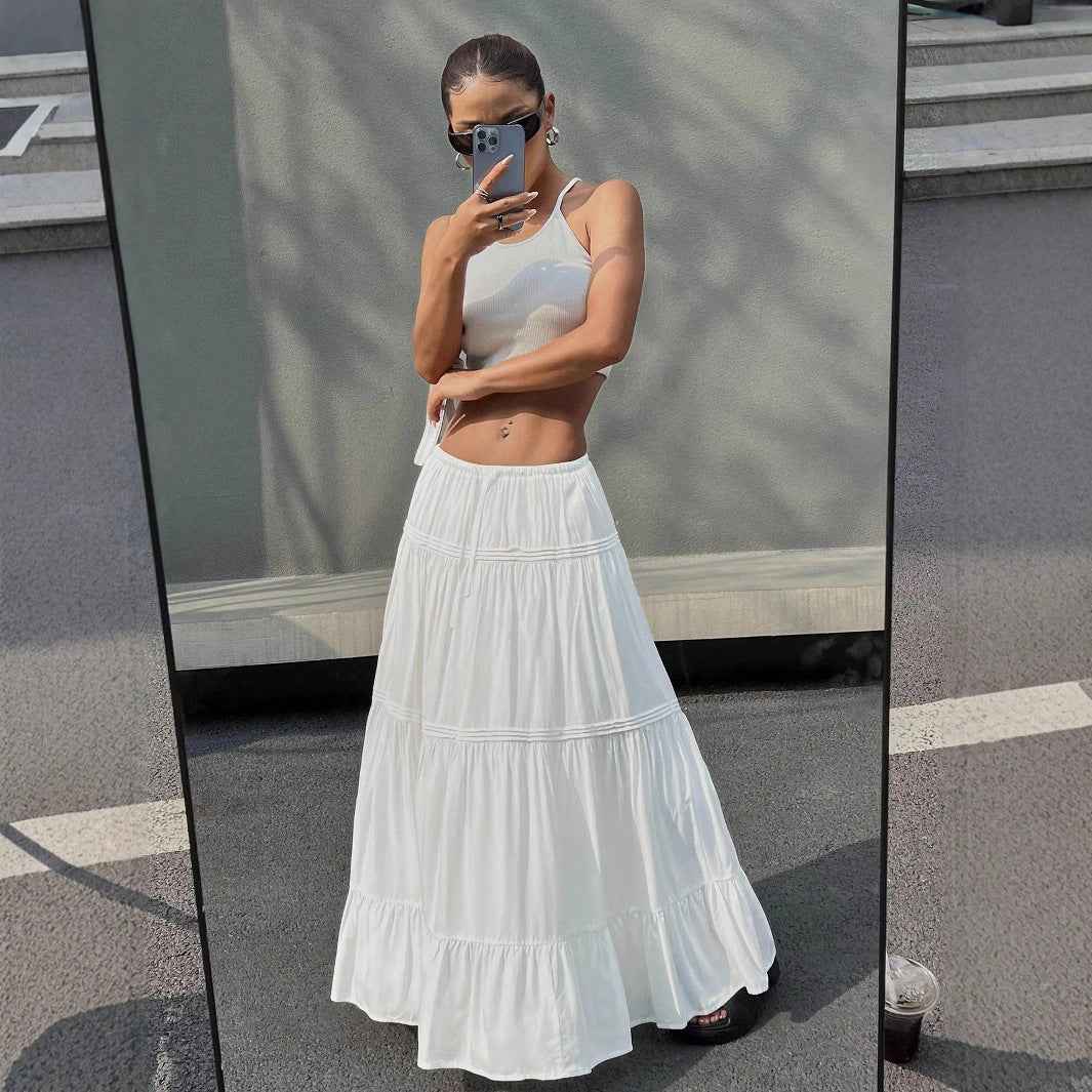 Women's A-Line Maxi Skirt with Layered Ruffles and Drawstring Waist – Lightweight Fabric