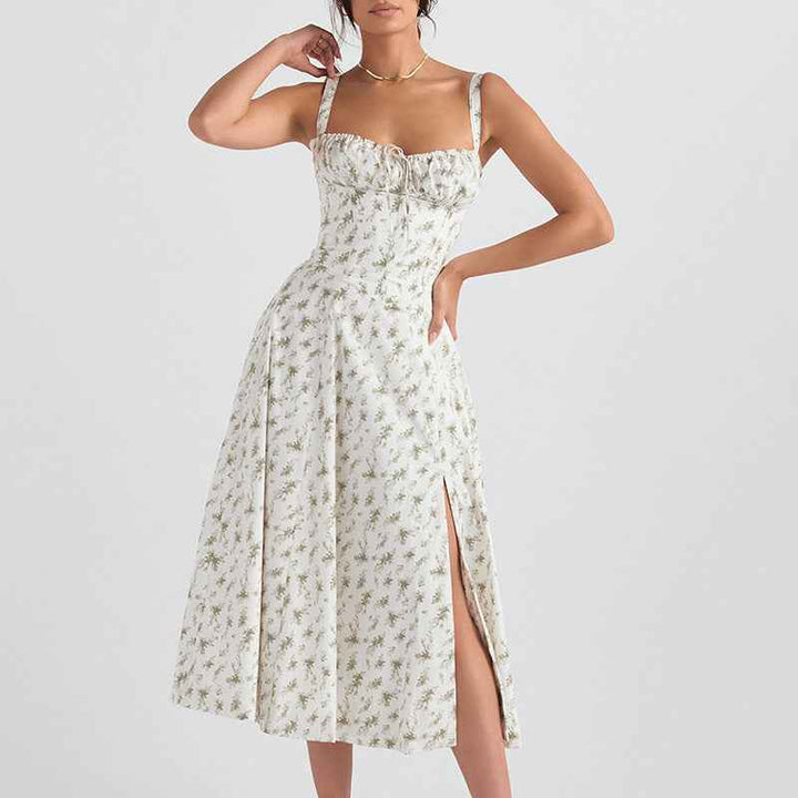 Women's A-Line Midi Dress – Sleeveless Floral Print with Bow Detail Printed Green