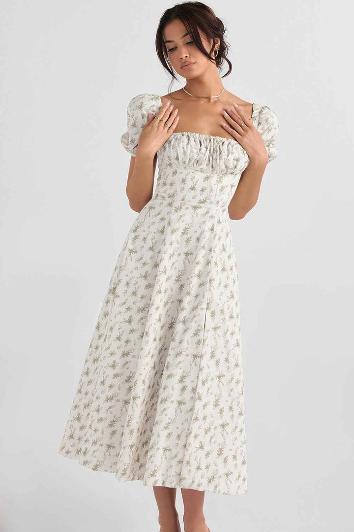 Women's A-Line Midi Dress with Ruched Top, Puff Sleeves, and Breathable Fabric