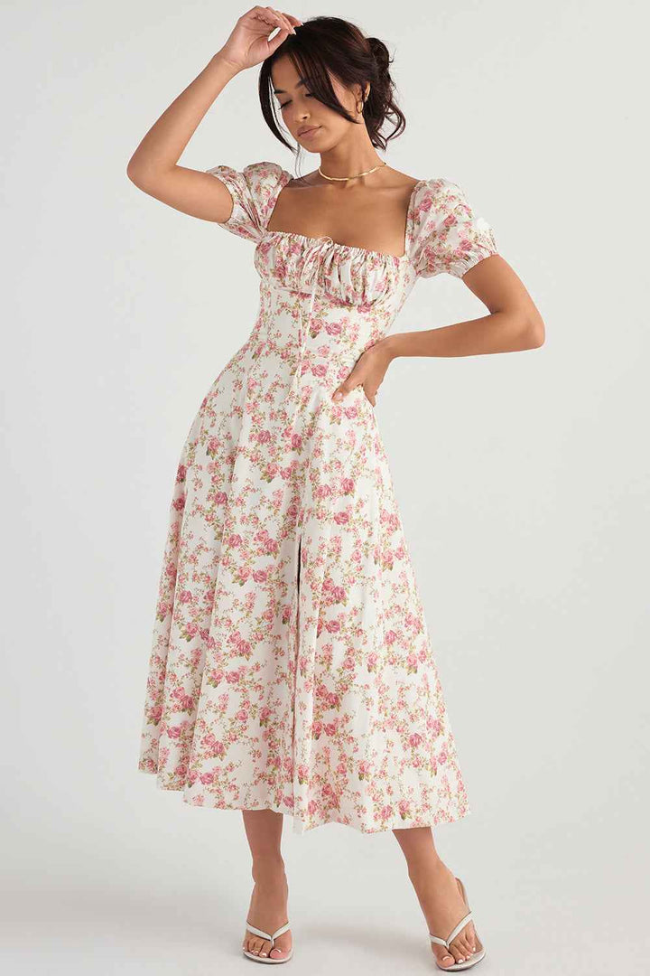 Women's A-Line Midi Dress with Ruched Top, Puff Sleeves, and Breathable Fabric Pink