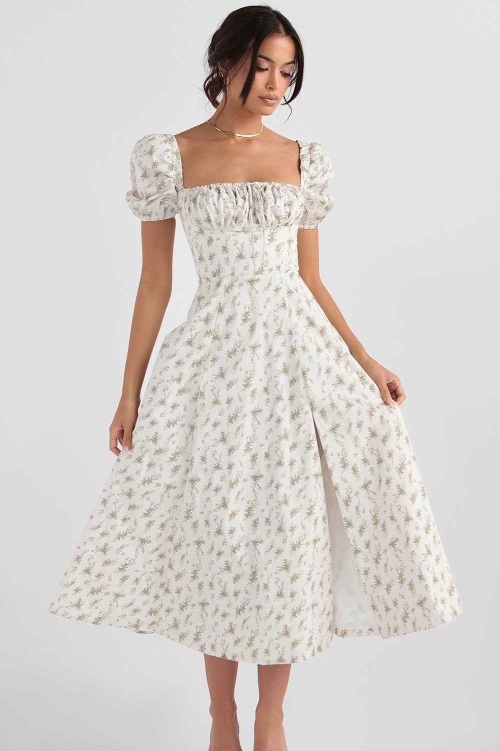 Women's A-Line Midi Dress with Ruched Top, Puff Sleeves, and Breathable Fabric White