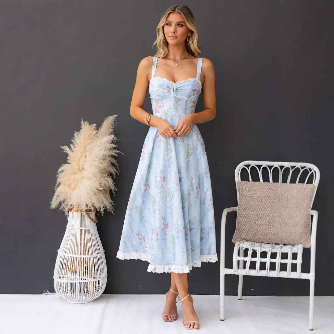 Women's A-Line Midi Dress with Spaghetti Straps – Floral Cotton Design and Lace Accents
