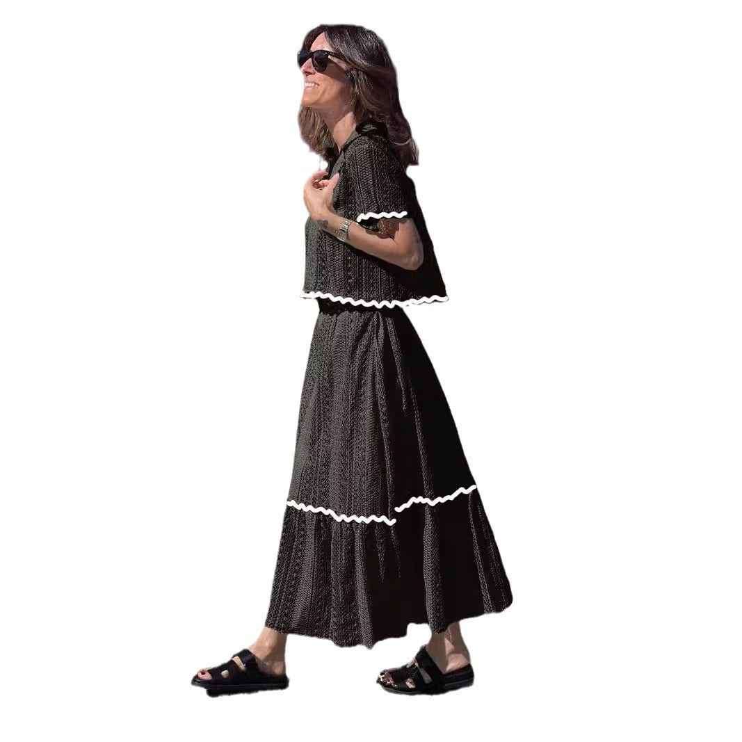 Women's A-Line Midi Skirt Set – Cotton Blend – Short Sleeve with Lace Trim