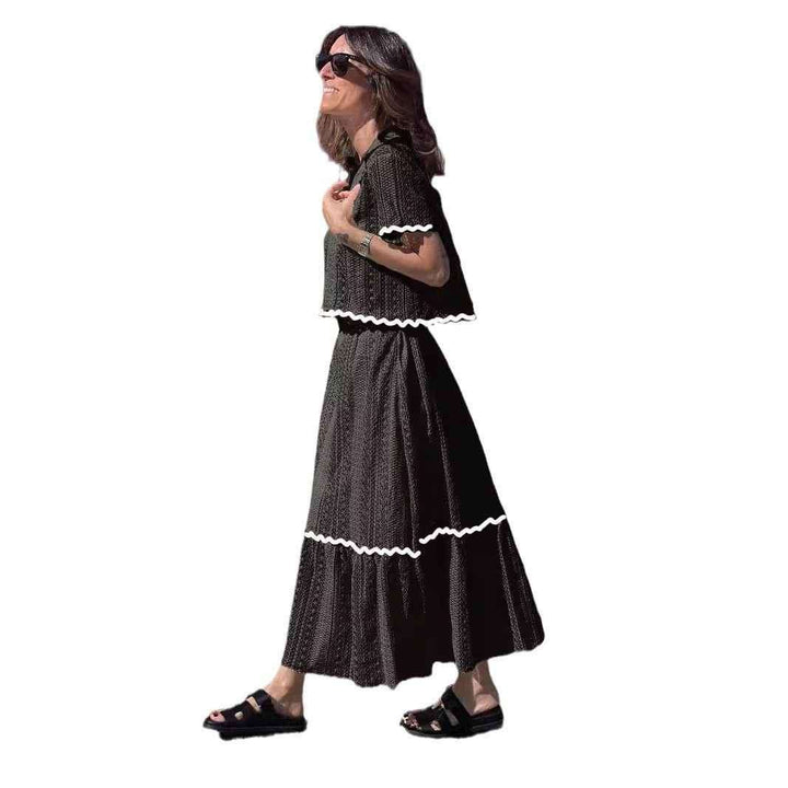 Women's A-Line Midi Skirt Set – Cotton Blend – Short Sleeve with Lace Trim