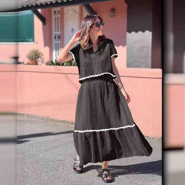 Women's A-Line Midi Skirt Set – Cotton Blend – Short Sleeve with Lace Trim Black
