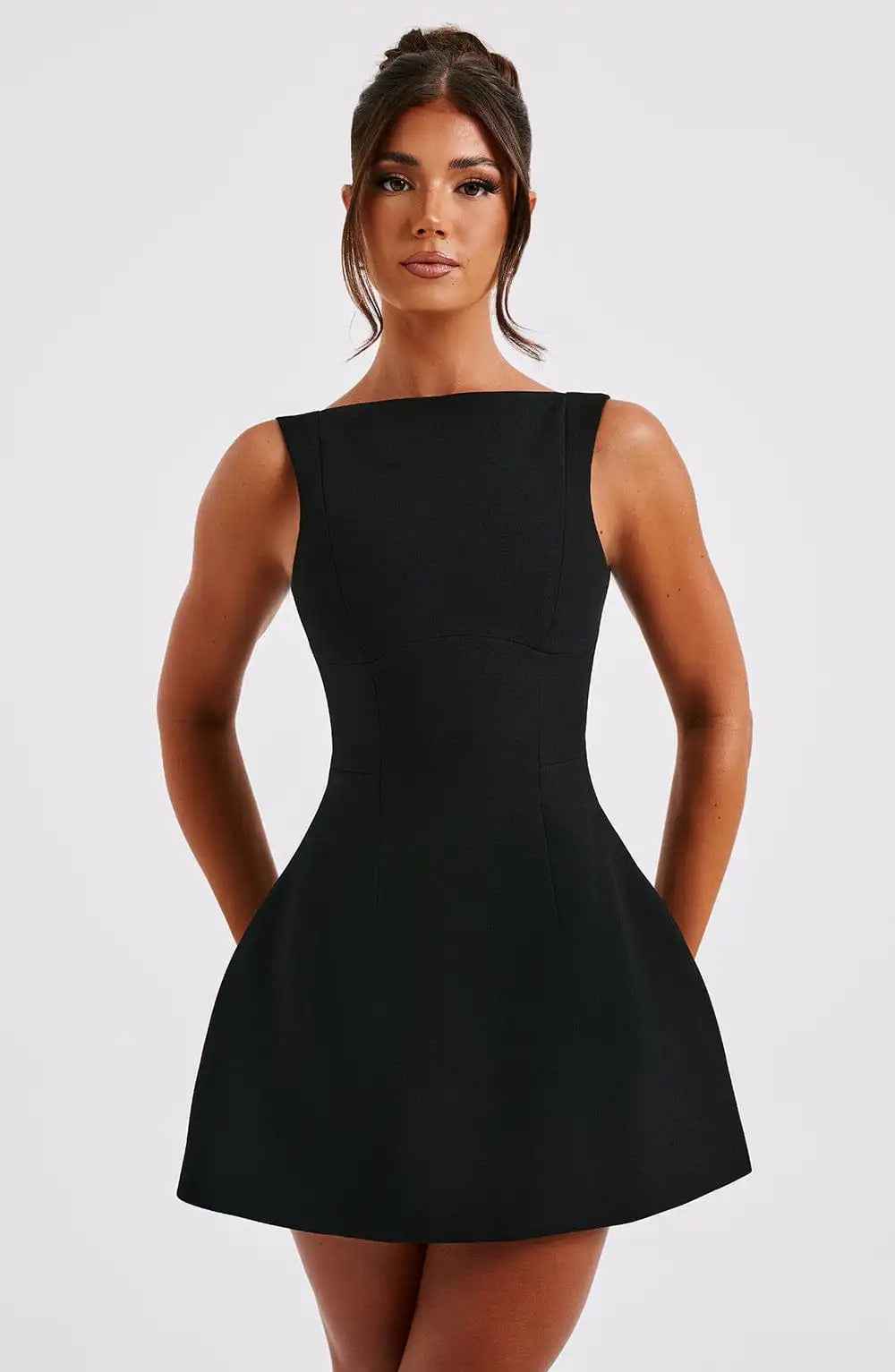 Women's A-Line Mini Dress – Boat Neck – Sleeveless – Elegant Semi-Formal Style Black