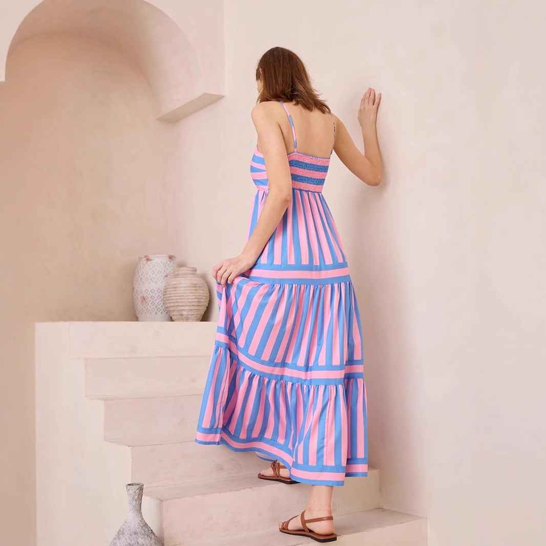 Women's A-Line Striped Cotton Summer Dress with Spaghetti Straps