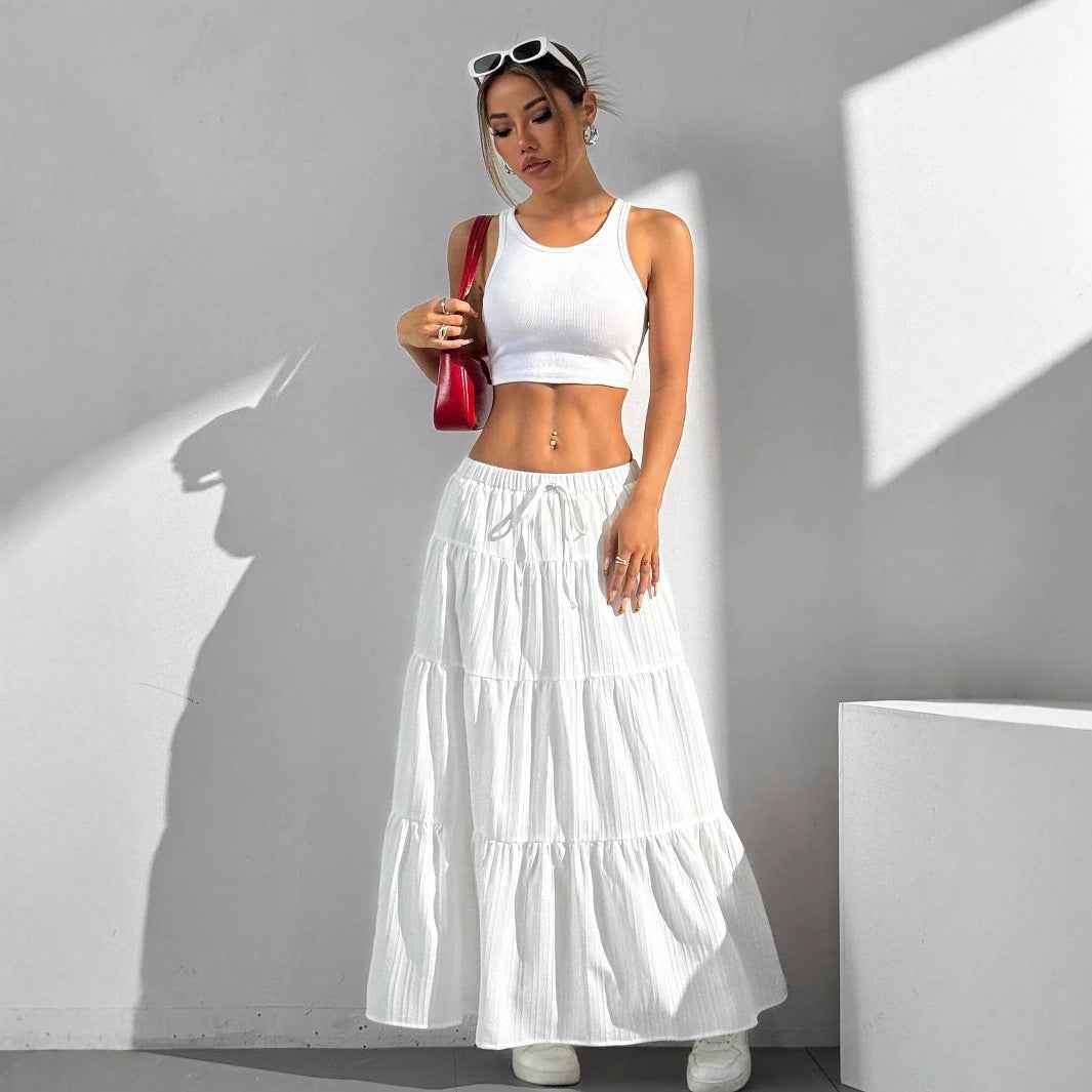 Women's A-line Maxi Skirt with Layered Ruffles and Drawstring Waist