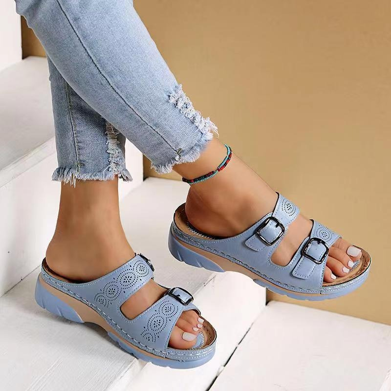 Women's Adjustable Wedge Sandals with Perforated Straps Light Blue