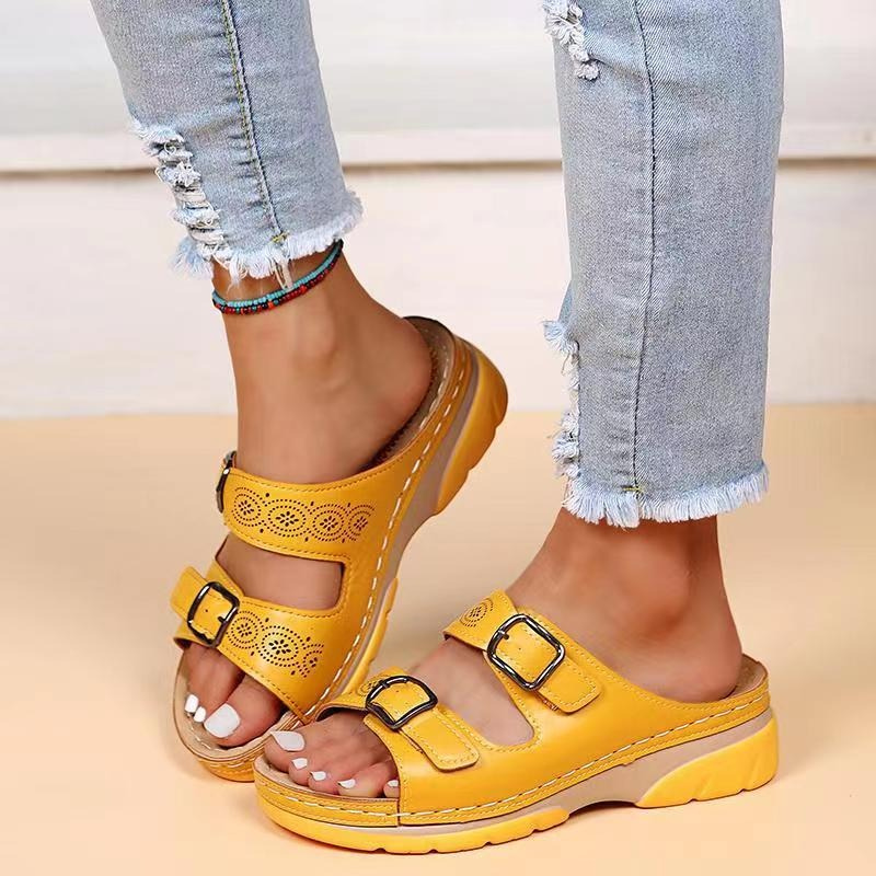 Women's Adjustable Wedge Sandals with Perforated Straps Yellow