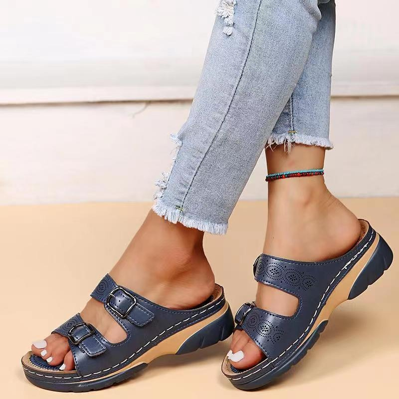 Women's Adjustable Wedge Sandals with Perforated Straps Dark Blue