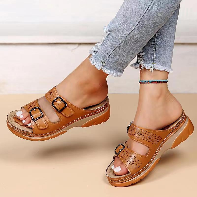 Women's Adjustable Wedge Sandals with Perforated Straps Brown