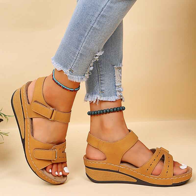 Women's Adjustable Wedge Sandals with Straps Brown-Yellow