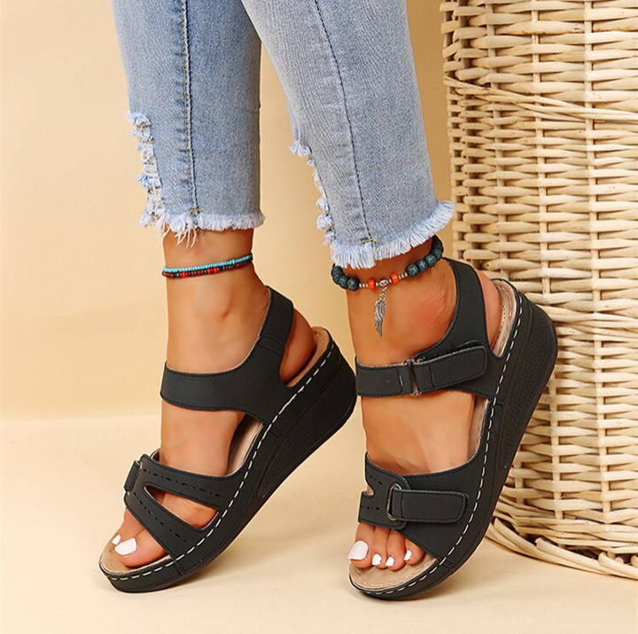 Women's Adjustable Wedge Sandals with Straps Black