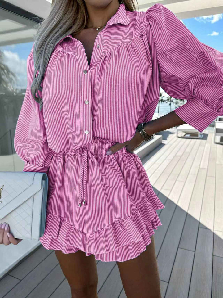 Women's Airy Two-Piece Set – Striped Blouse & Ruffled Miniskirt Pink