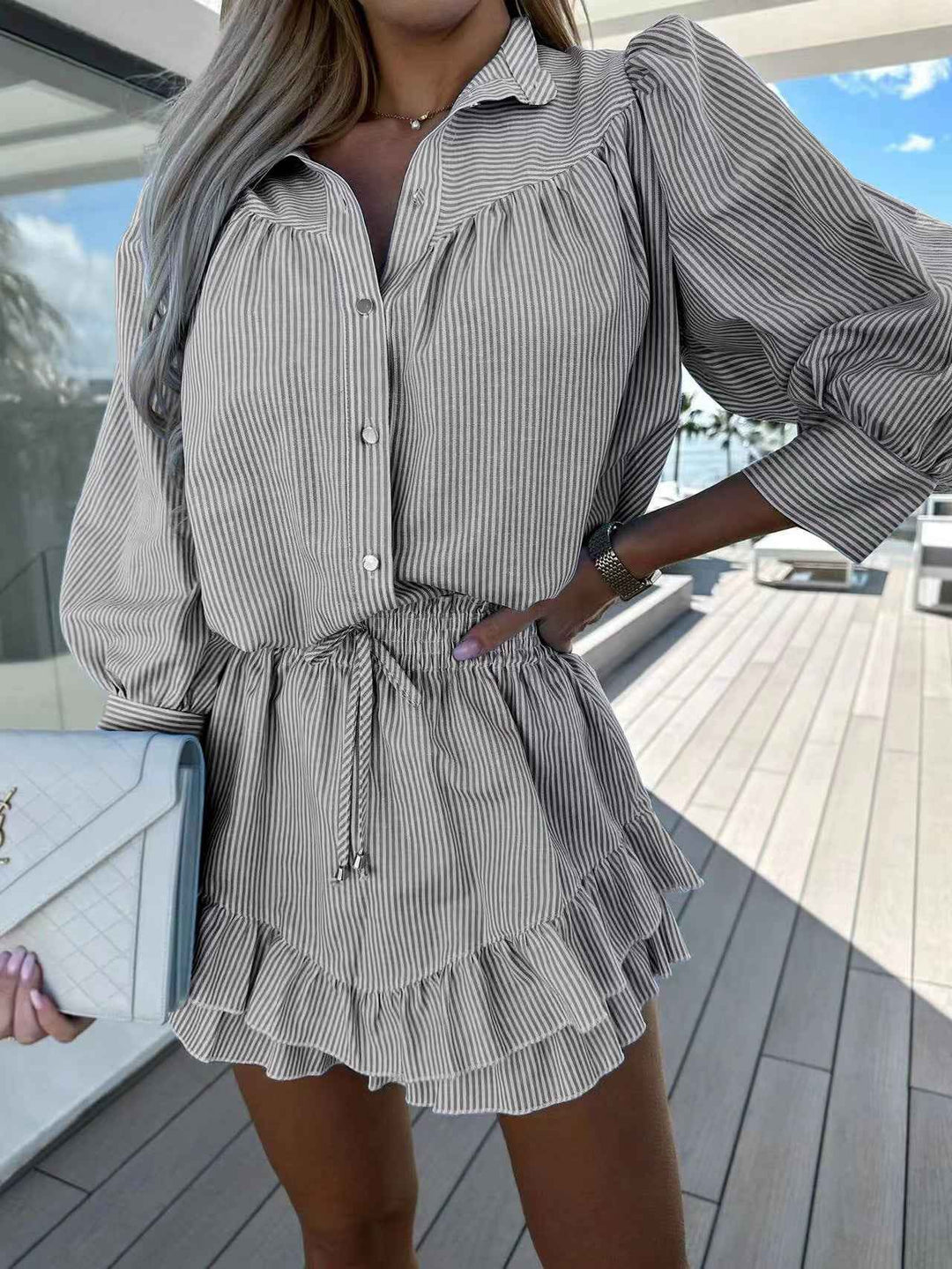 Women's Airy Two-Piece Set – Striped Blouse & Ruffled Miniskirt Grey