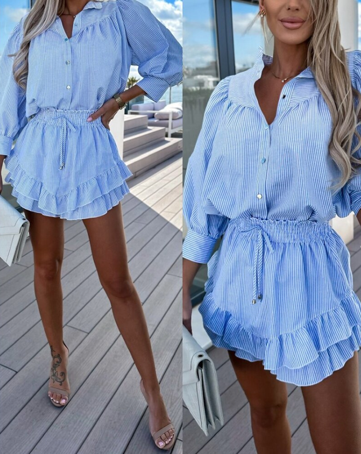 Women's Airy Two-Piece Set – Striped Blouse & Ruffled Miniskirt