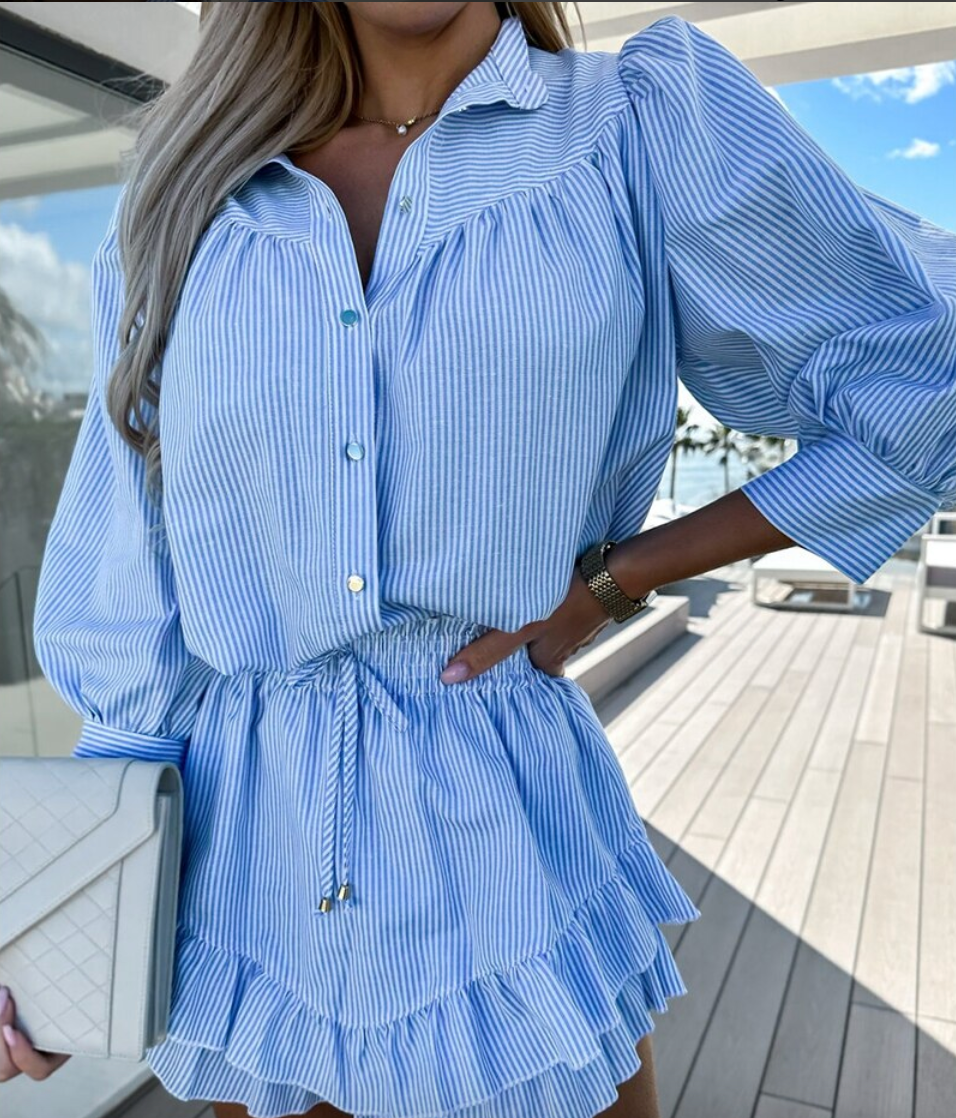 Women's Airy Two-Piece Set – Striped Blouse & Ruffled Miniskirt