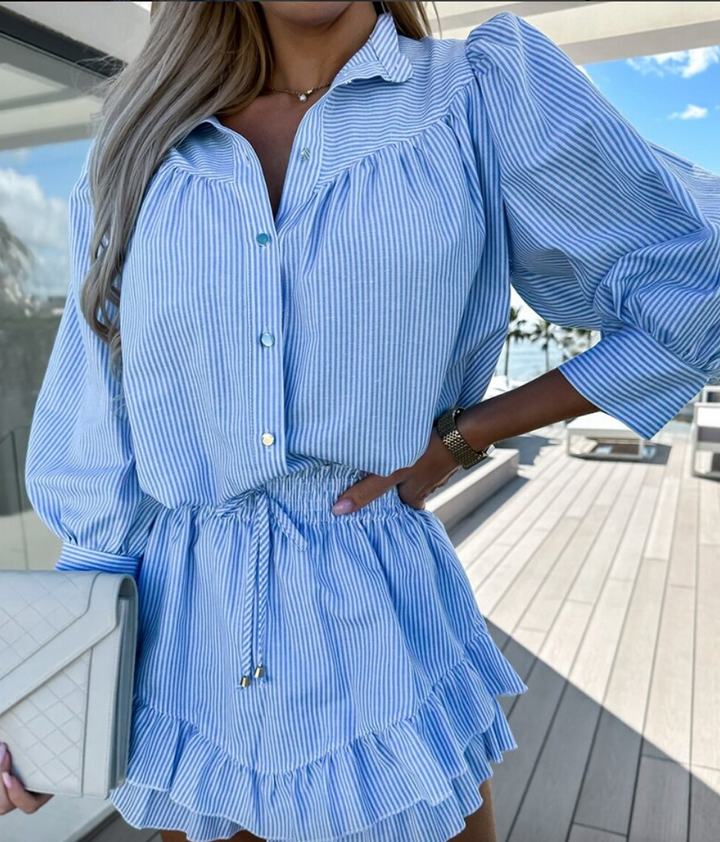 Women's Airy Two-Piece Set – Striped Blouse & Ruffled Miniskirt