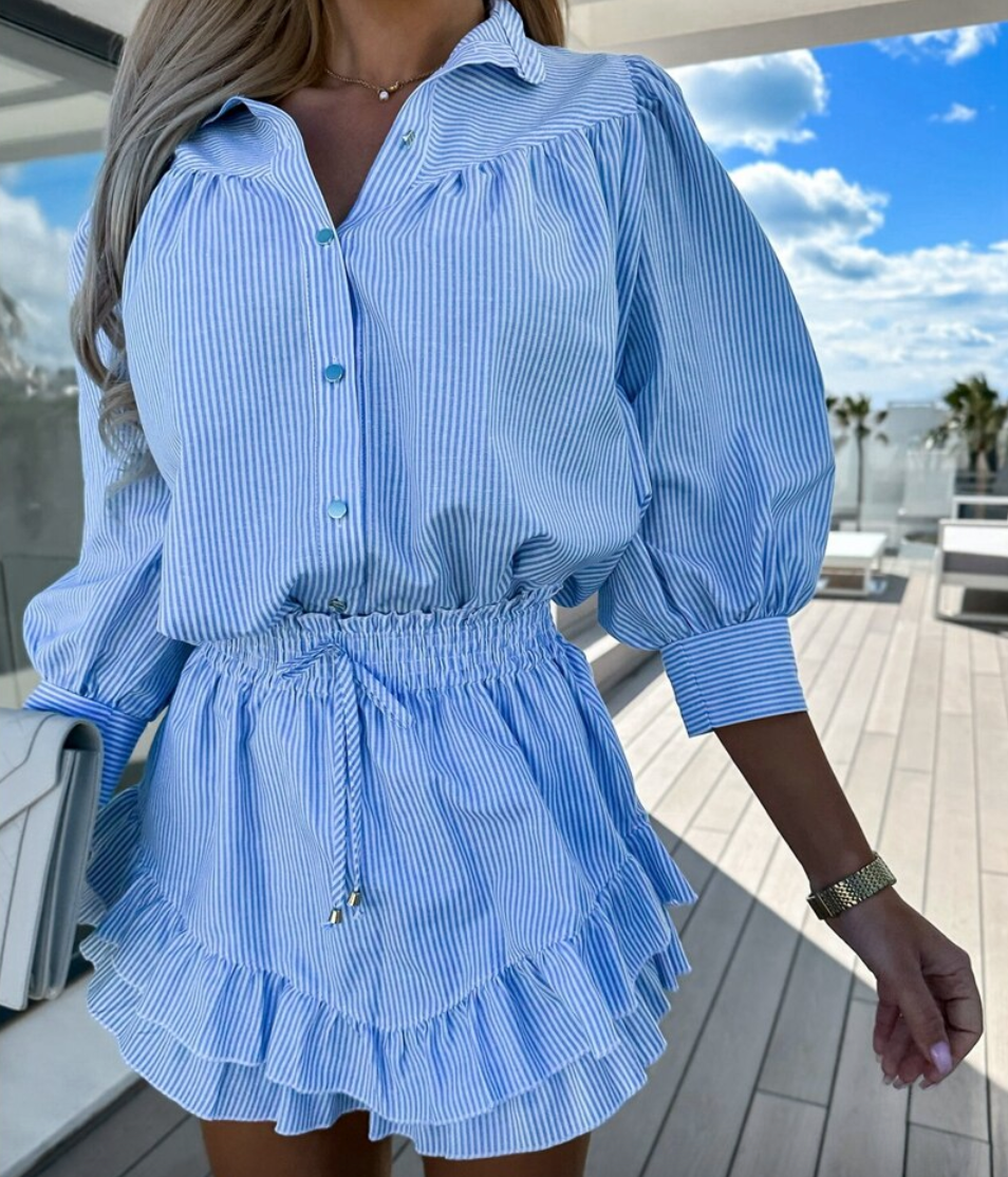Women's Airy Two-Piece Set – Striped Blouse & Ruffled Miniskirt