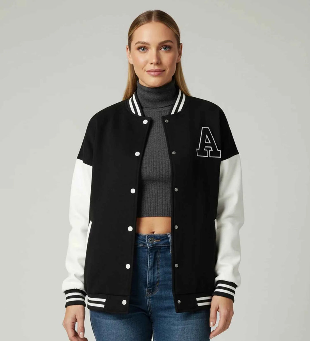 Women's Applique Letter Varsity Jacket Black