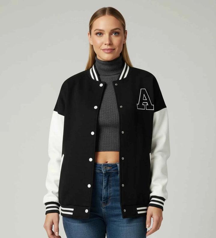 Women's Applique Letter Varsity Jacket Black
