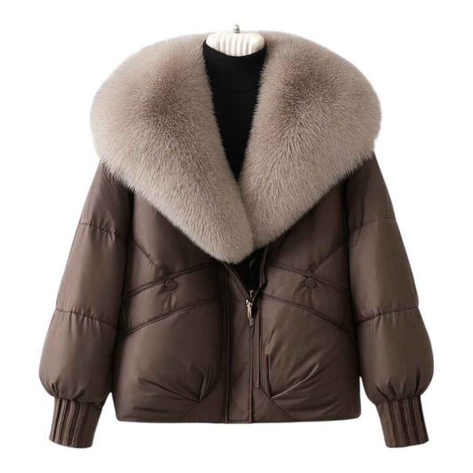 Women's Polyester Oversized Zip Front Puffer Side Pockets Jacket Brown