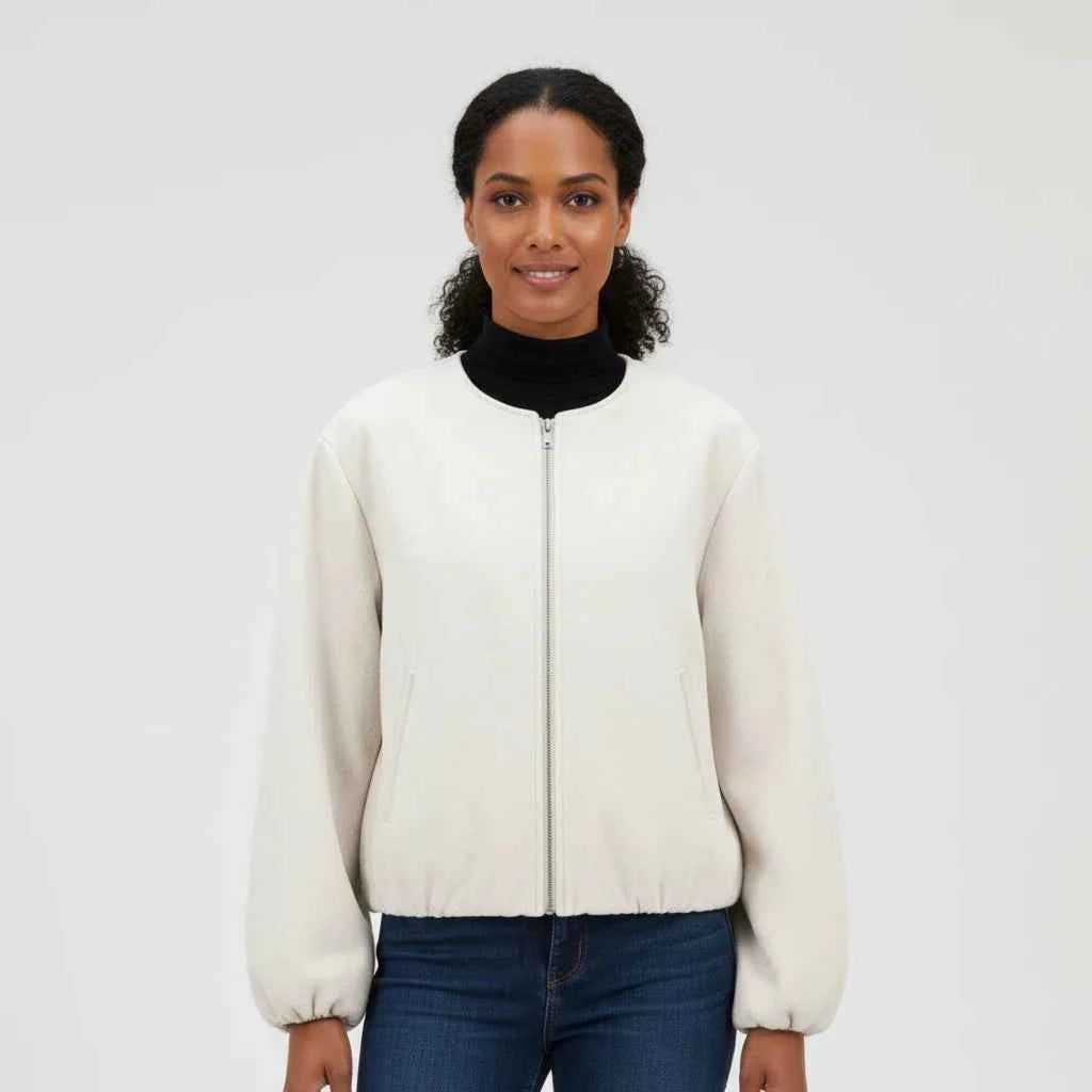 Women's Balloon Sleeve Zip-Up Bomber Jacket Beige