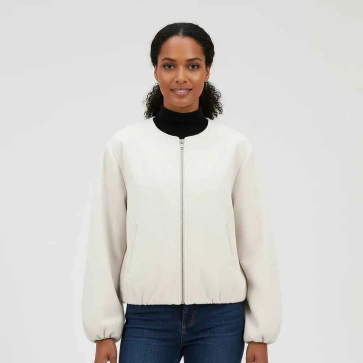 Women's Balloon Sleeve Zip-Up Bomber Jacket Beige