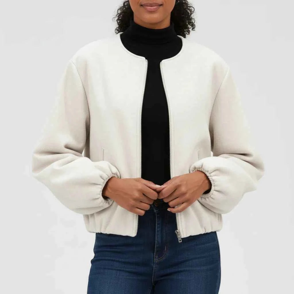 Women's Balloon Sleeve Zip-Up Bomber Jacket