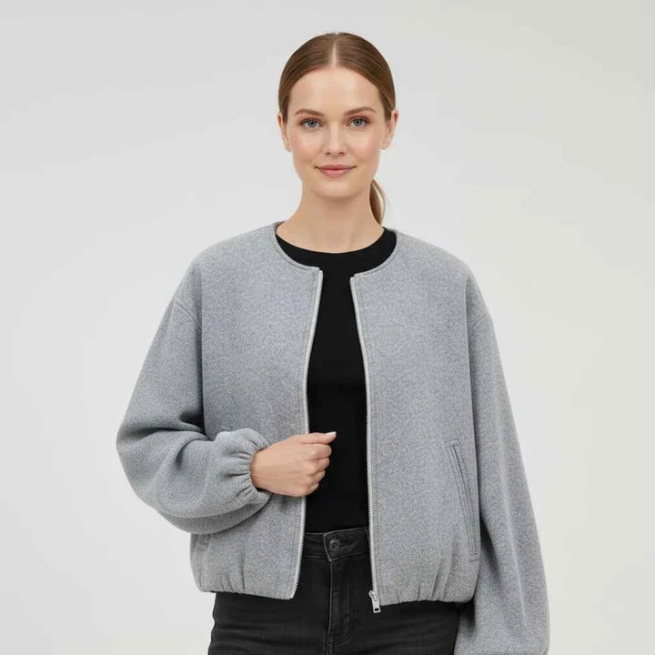 Women's Balloon Sleeve Zip-Up Bomber Jacket Gray