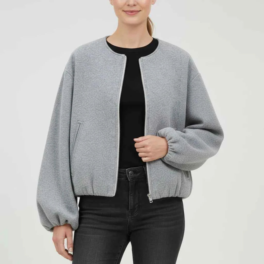 Women's Balloon Sleeve Zip-Up Bomber Jacket