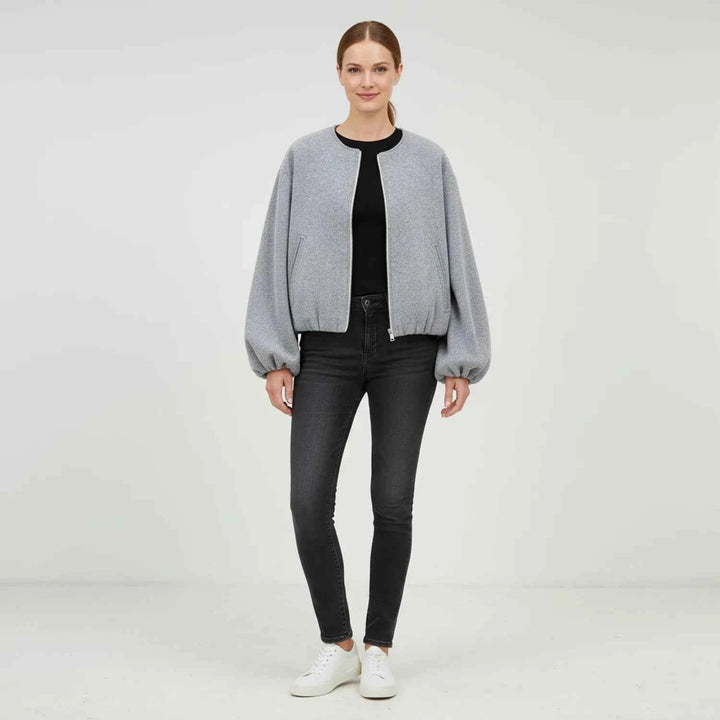 Women's Balloon Sleeve Zip-Up Bomber Jacket