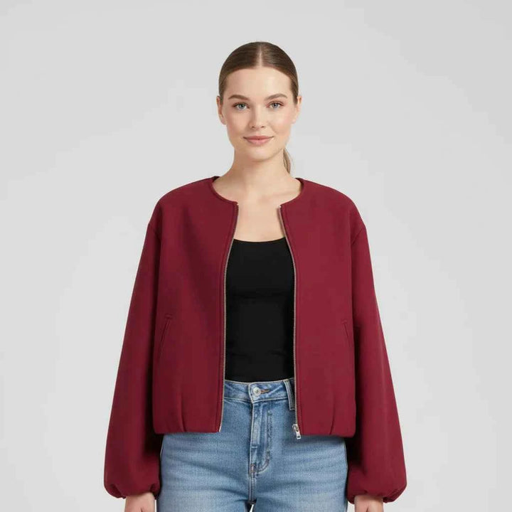 Women's Balloon Sleeve Zip-Up Bomber Jacket Red