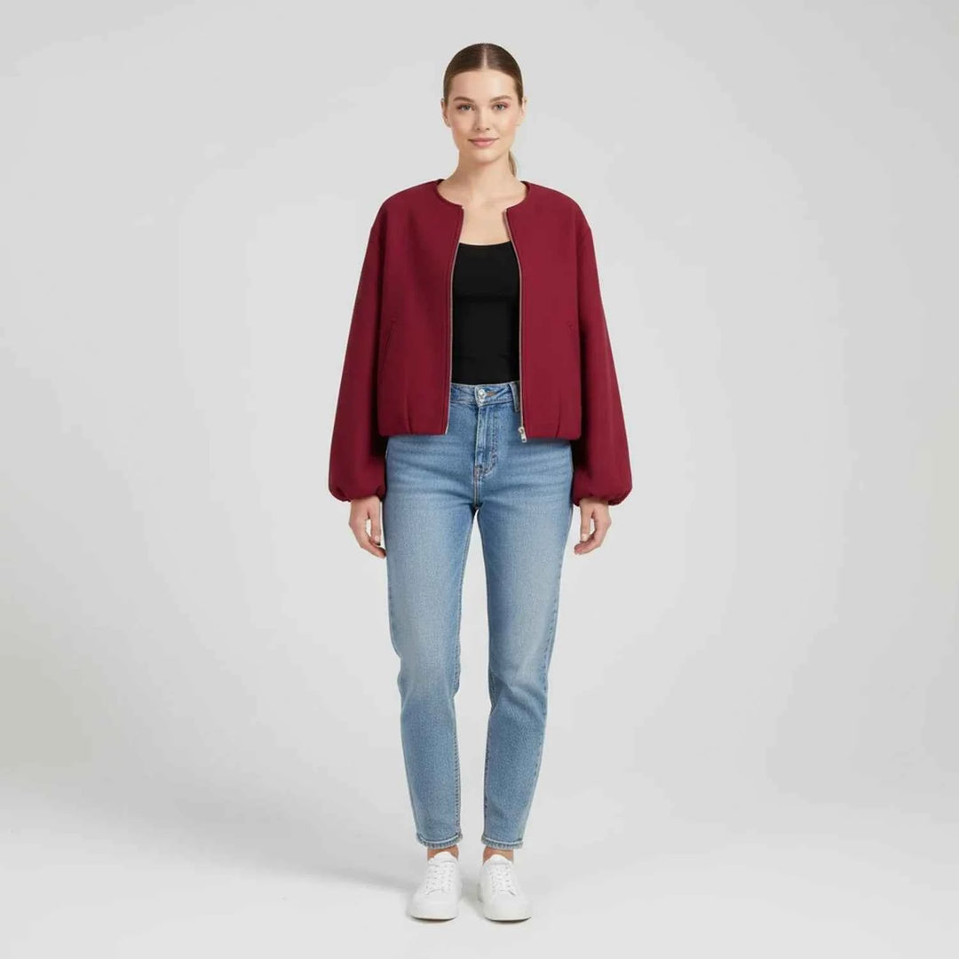 Women's Balloon Sleeve Zip-Up Bomber Jacket