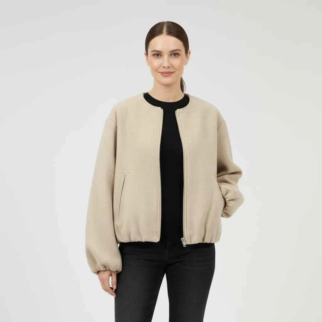 Women's Balloon Sleeve Zip-Up Bomber Jacket Khaki