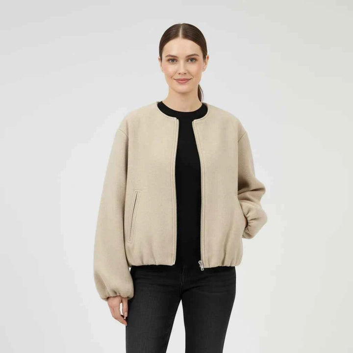 Women's Balloon Sleeve Zip-Up Bomber Jacket Khaki