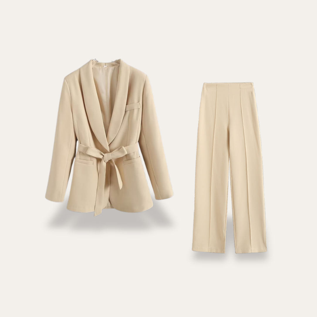 Women's Belted Blazer and Wide Leg Trousers Set Beige