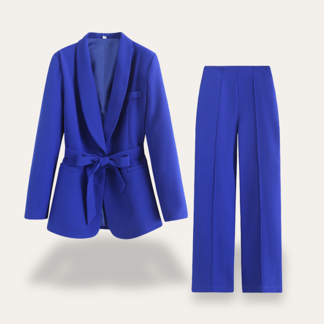 Women's Belted Blazer and Wide Leg Trousers Set Blue