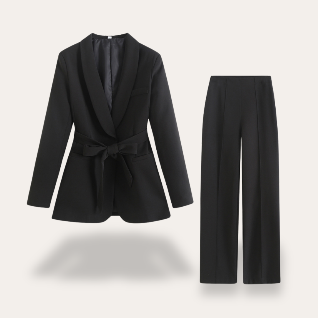 Women's Belted Blazer and Wide Leg Trousers Set Black