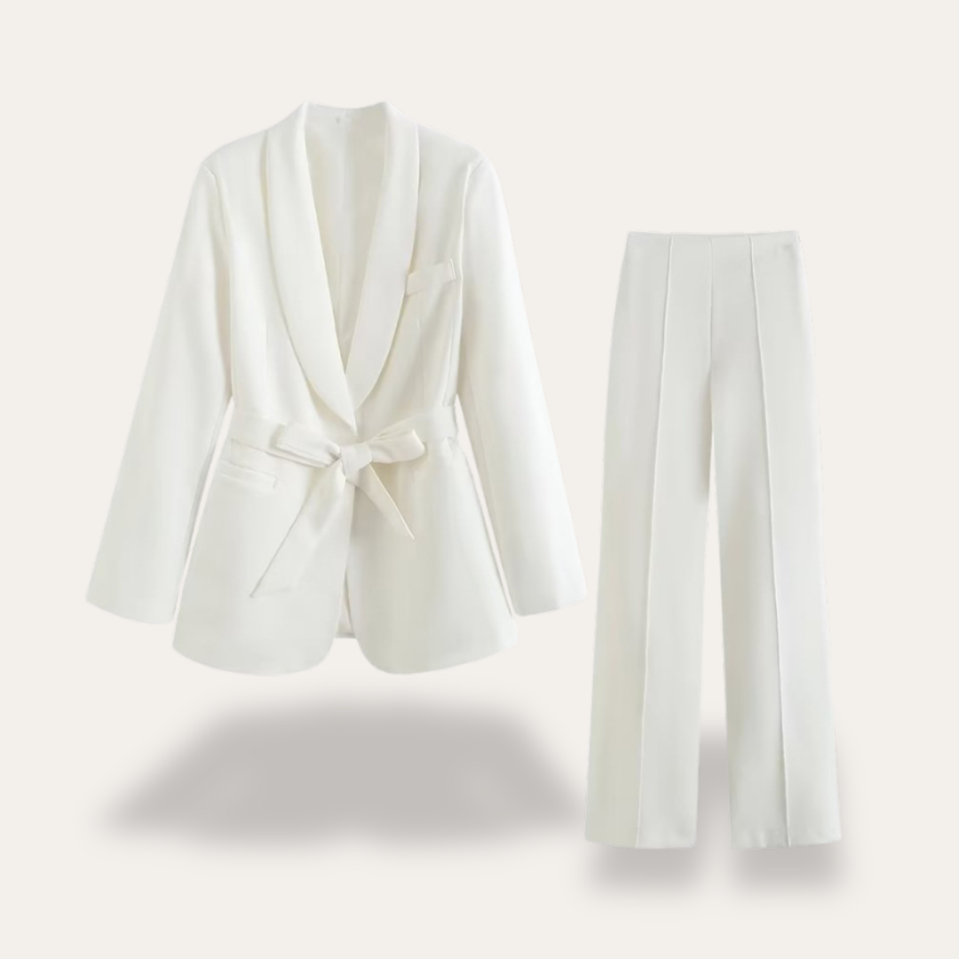 Women's Belted Blazer and Wide Leg Trousers Set White