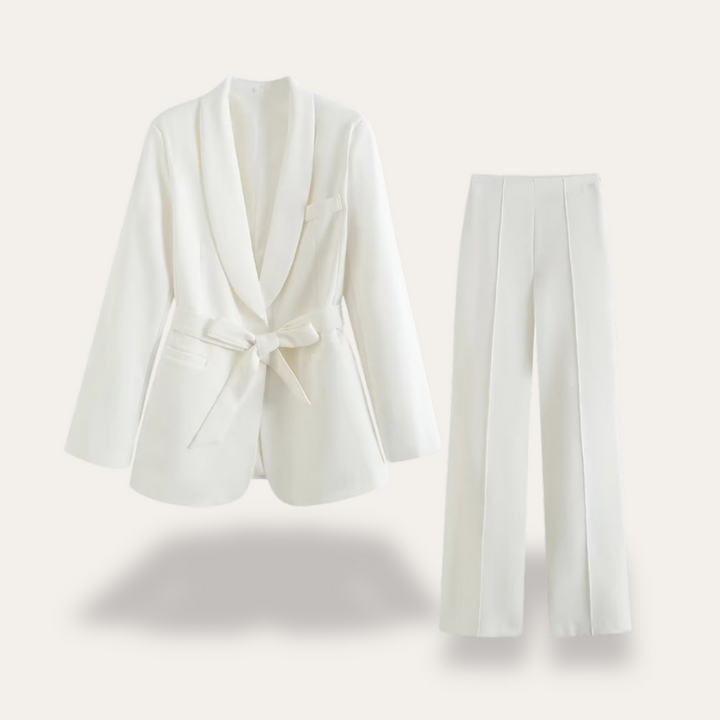 Women's Belted Blazer and Wide Leg Trousers Set White