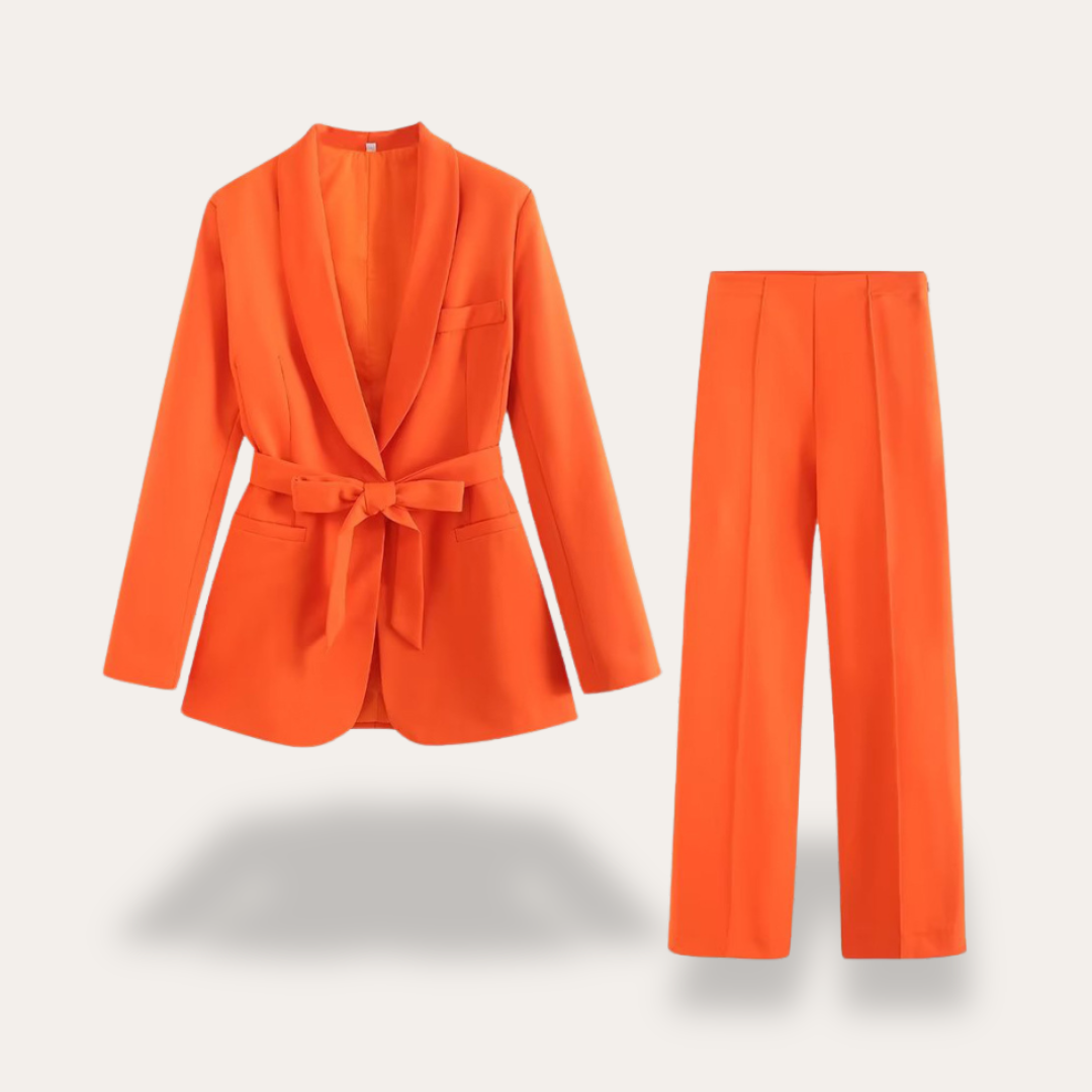 Women's Belted Blazer and Wide Leg Trousers Set Orange