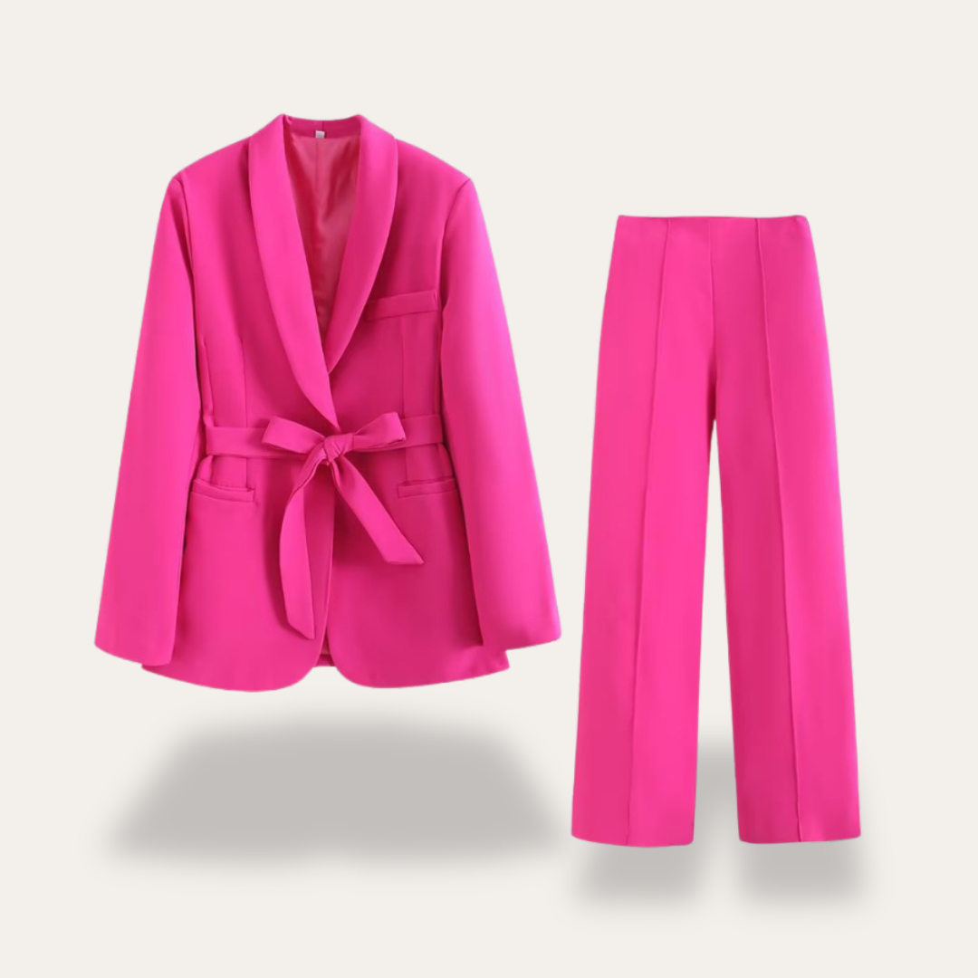 Women's Belted Blazer and Wide Leg Trousers Set Pink