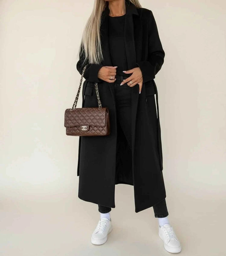 Women's Belted Midi Winter Overcoat Black